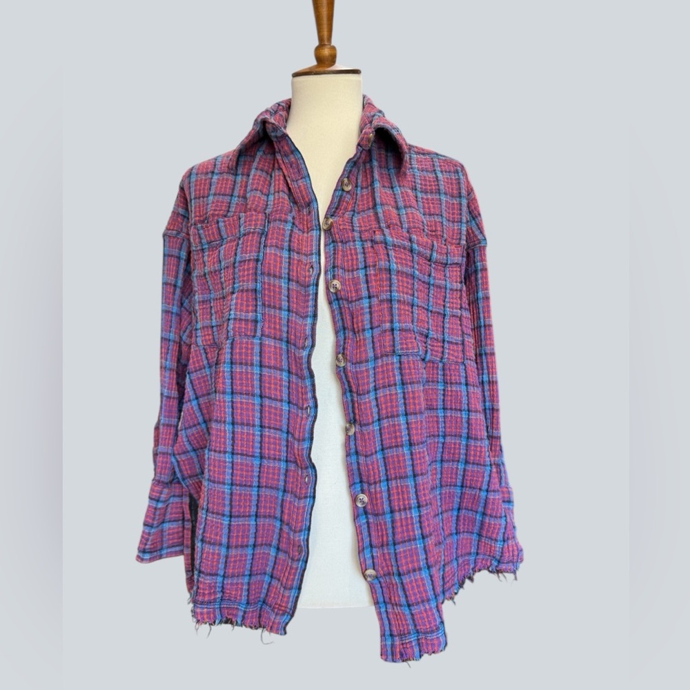 We The Free Pink, Blue and Orange Plaid Button-Up Shirt # 219